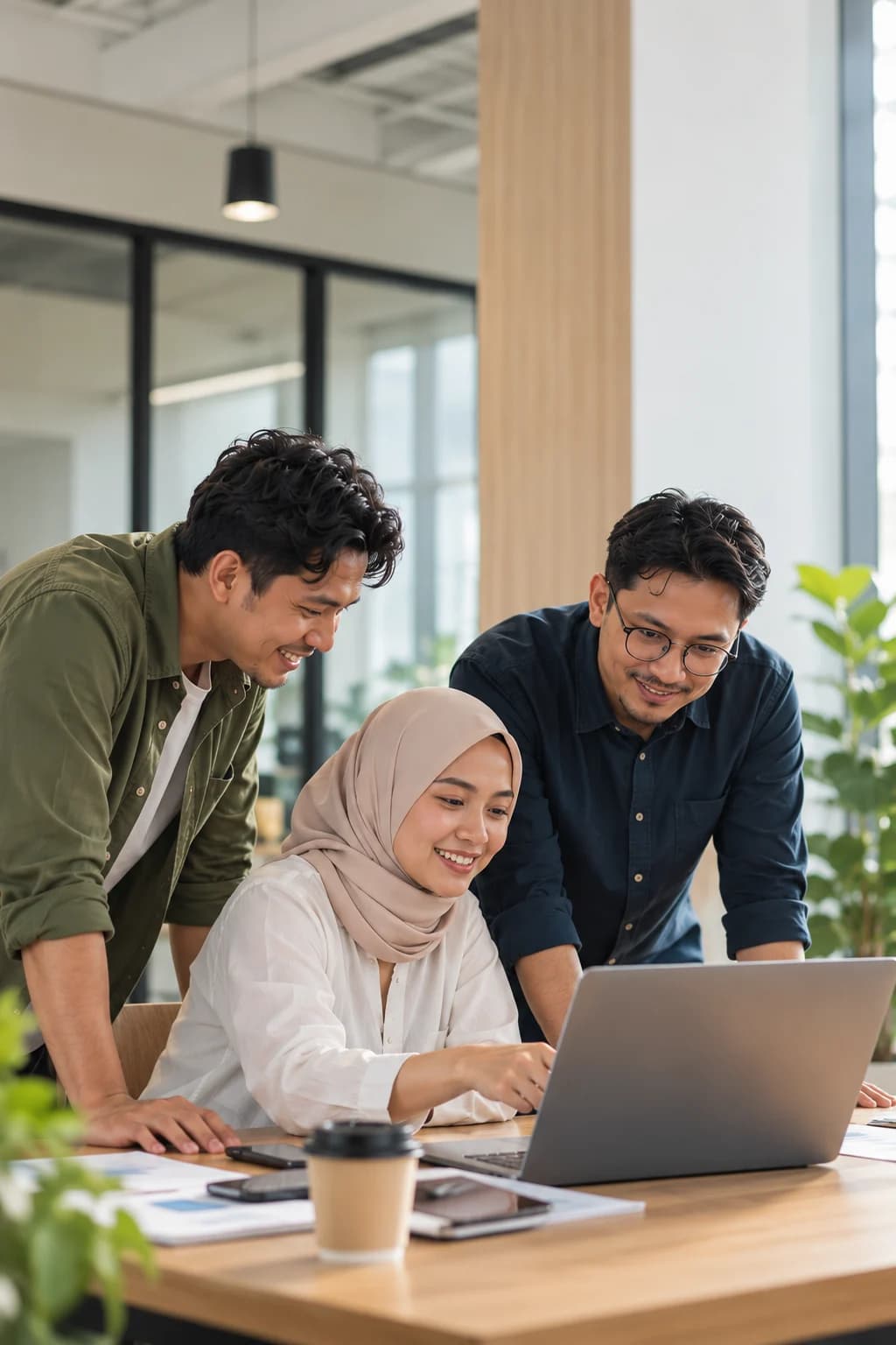 Tiga rekan kerja berdiskusi sambil tersenyum di depan laptop