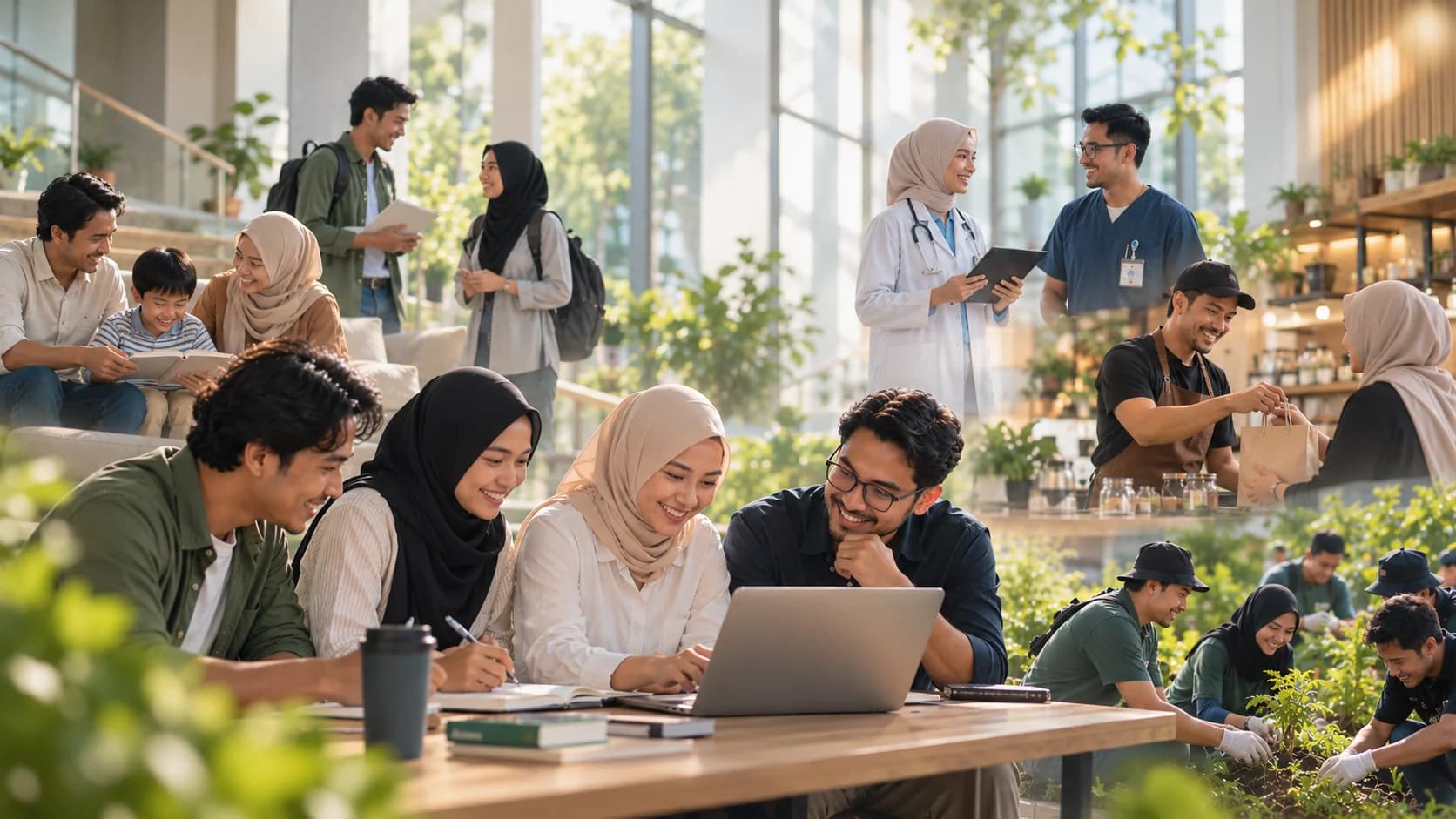 Mahasiswa, pekerja, keluarga, tenaga kesehatan, merchant, dan aktivis komunitas beraktivitas bersama di ruang terbuka yang terang