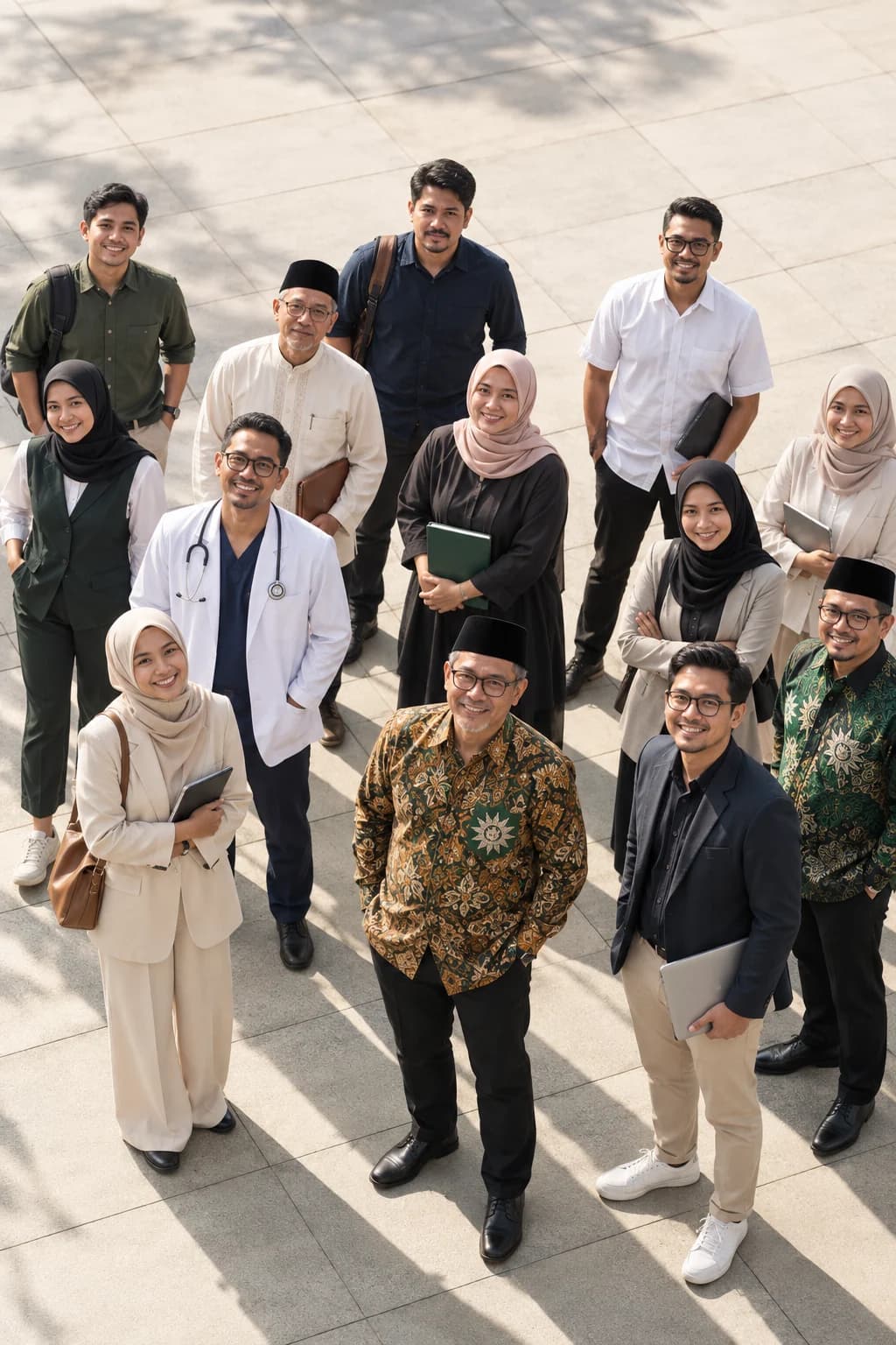 Para pemimpin komunitas dan institusi Muhammadiyah berdiri bersama di halaman yang terang